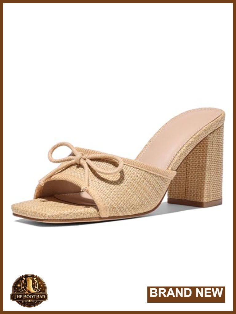 Raffia Chunky Block Heel Sandals With Bow Open Toe
